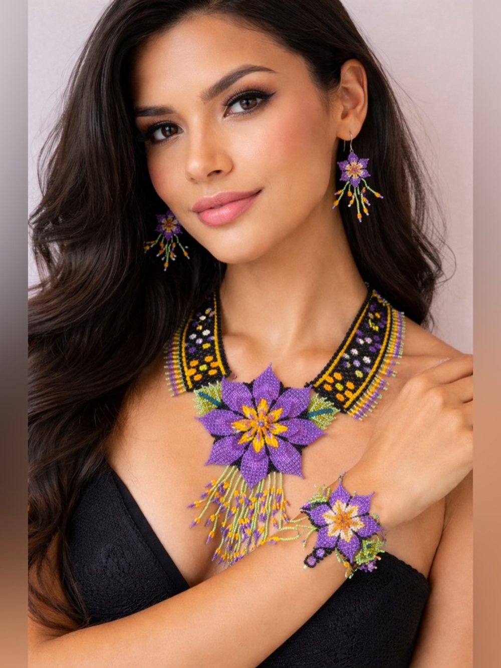 Handcrafted Purple (multicolor) Beaded Necklace Set